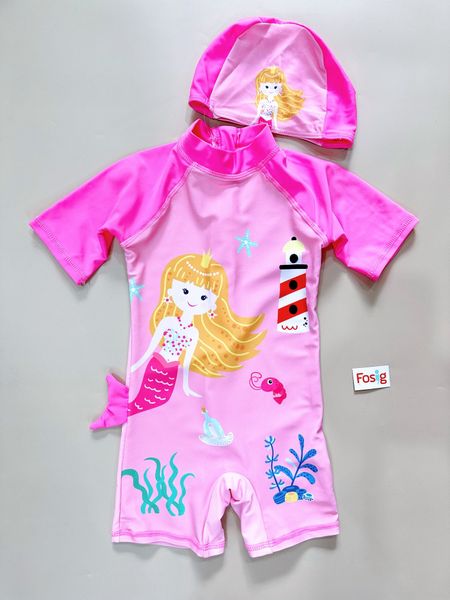  9-11kg Set 2 món nón và đồ bơi liền thân (bộ nhái) cho bé gái- Hồng tóc vàng B08 