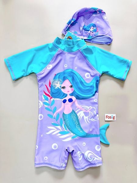  9-11kg Set 2 món nón và đồ bơi liền thân (bộ nhái) cho bé gái- Tím tóc xanh B08 