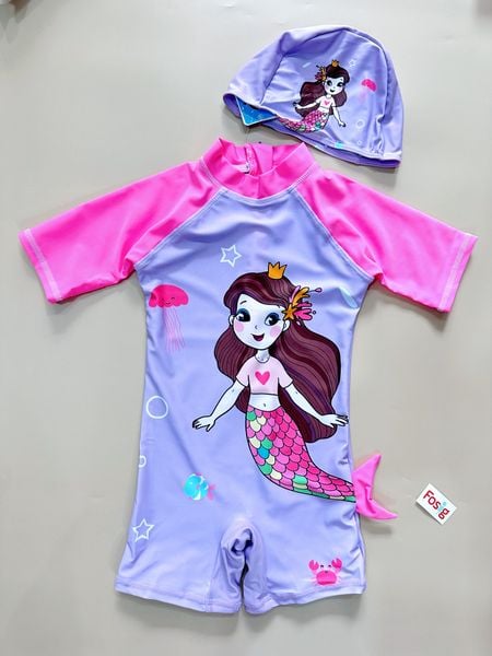  9-11kg Set 2 món nón và đồ bơi liền thân (bộ nhái) cho bé gái- Tím tóc nâu B08 