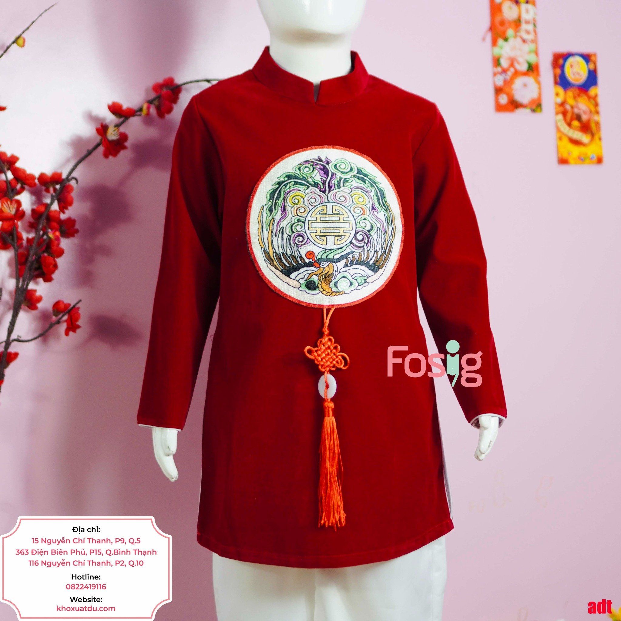  [28-30kg 40-45kg] Áo Dài Nhung Bé Trai - Đỏ Phượng Hoa Văn 