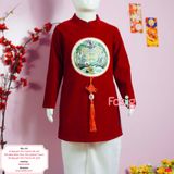  [28-30kg 40-45kg] Áo Dài Nhung Bé Trai - Đỏ Phượng Hoa Văn 