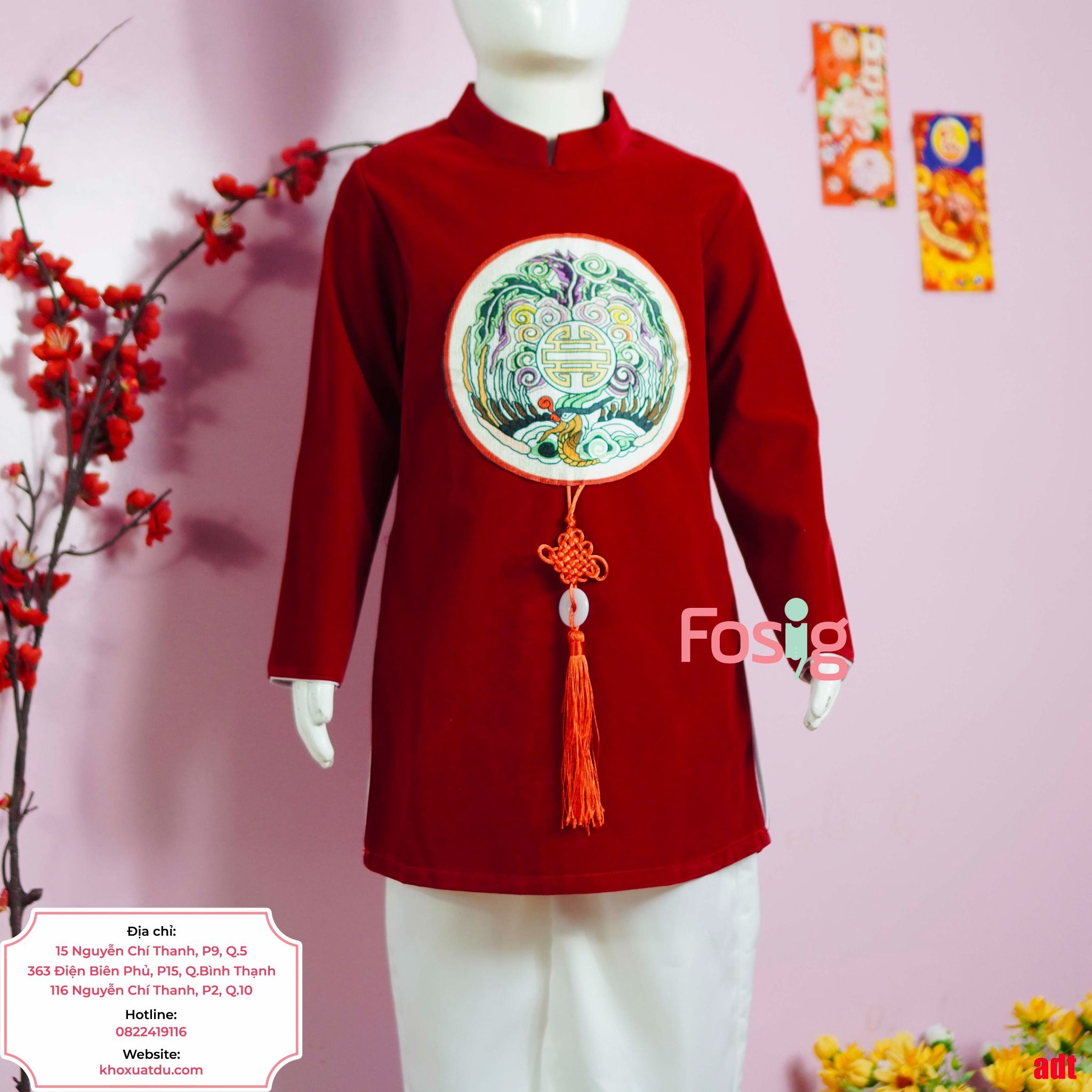  [28-30kg 40-45kg] Áo Dài Nhung Bé Trai - Đỏ Phượng Hoa Văn 