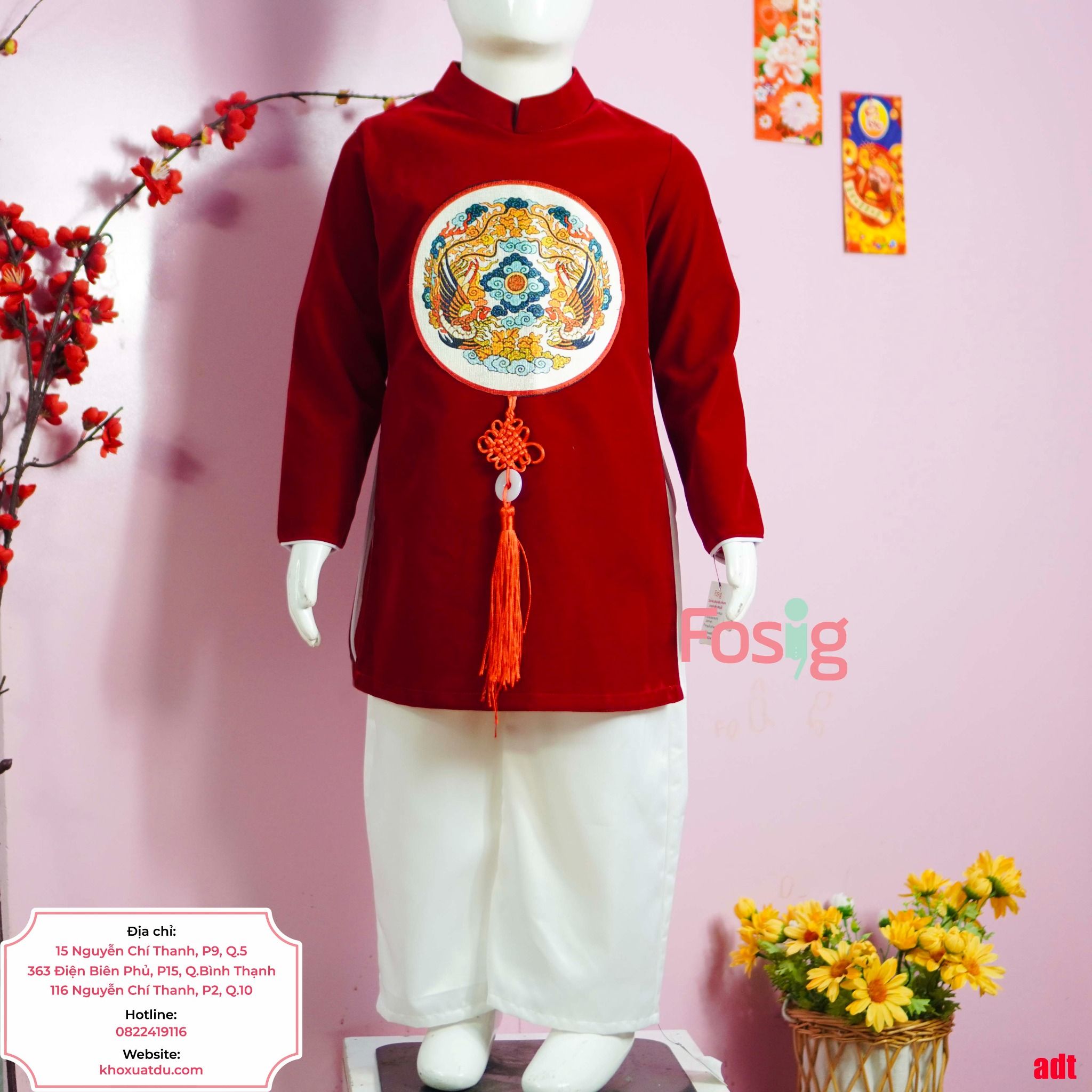  [12-13kg 16-19kg] Áo Dài Nhung Bé Trai - Đỏ Phượng Mây 