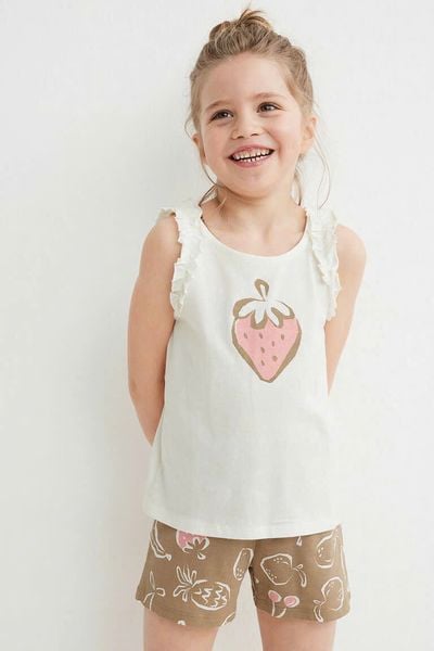  11-26kg 2T- 10T  Đồ bộ bé gái ba lỗ thoáng mát- Trắng dâu DB12 