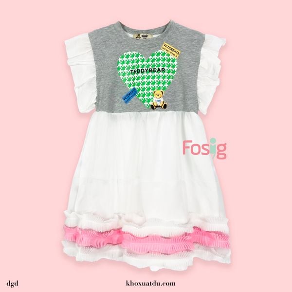  [16-30kg] Đầm Tay Ngắn Bé Gái - Xám Gấu Tim T363 