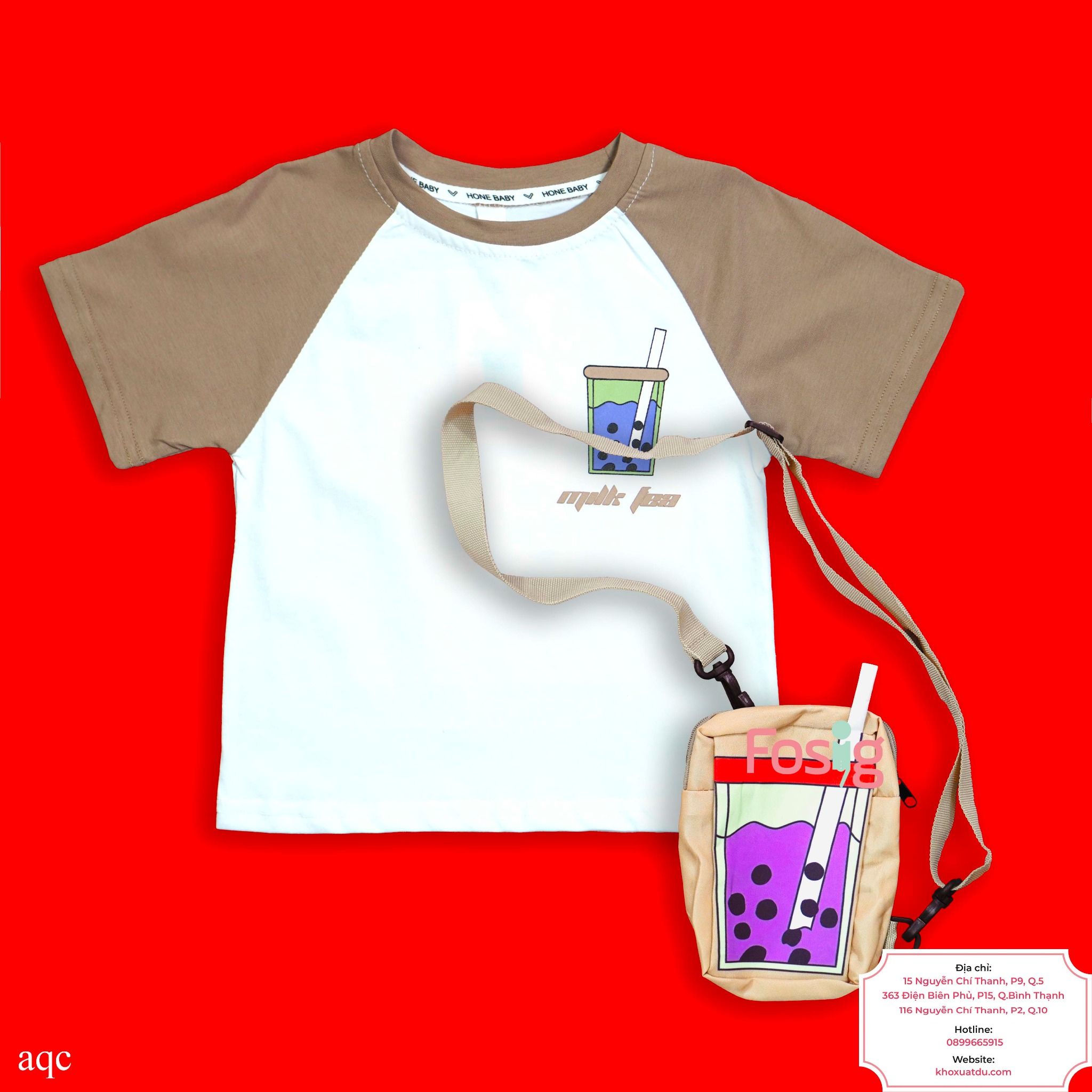  [11-12kg; 20-21kg] Áo Thun Tay Ngắn Bé Trai - Nâu Trắng Milk Tea (kèm túi đeo chéo) 