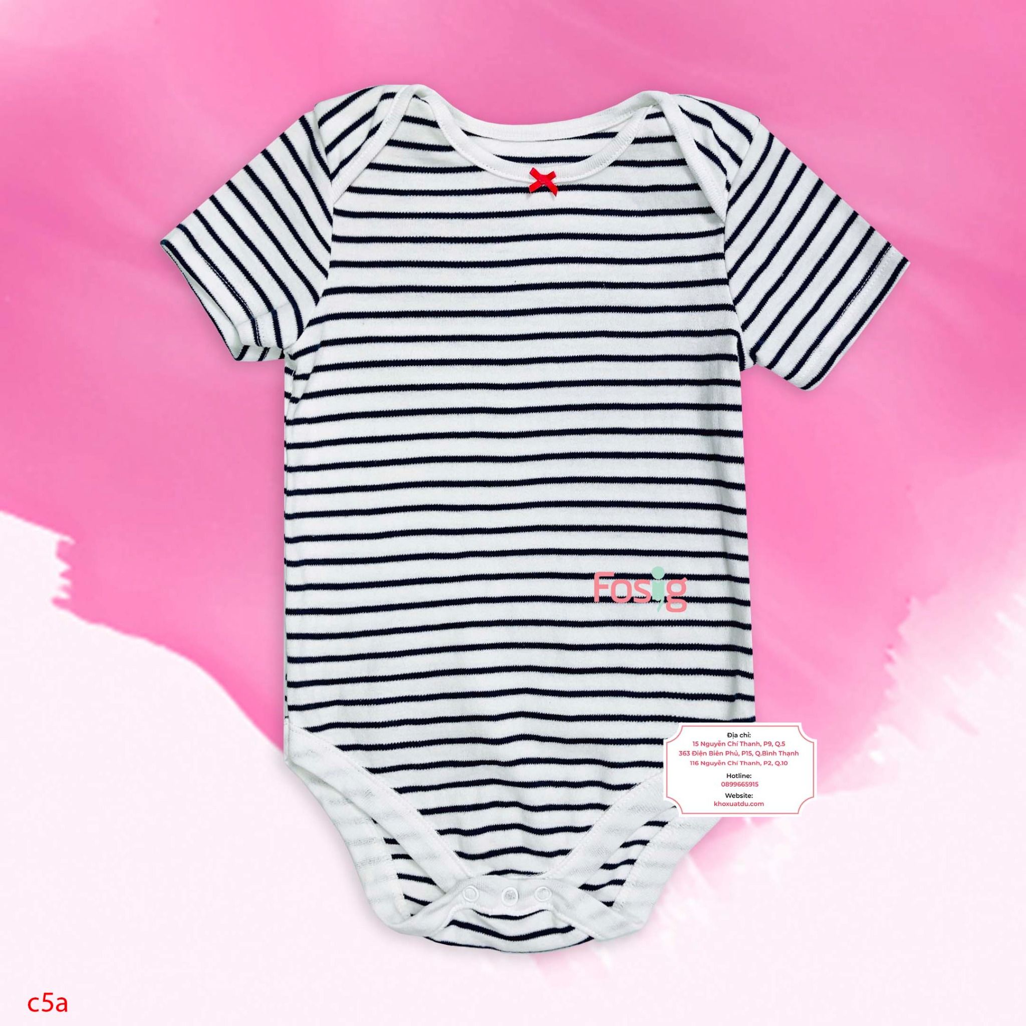  [3-6m; 24-36m] Bodysuit Tay Ngắn Bé Gái - Trắng Sọc Navy 