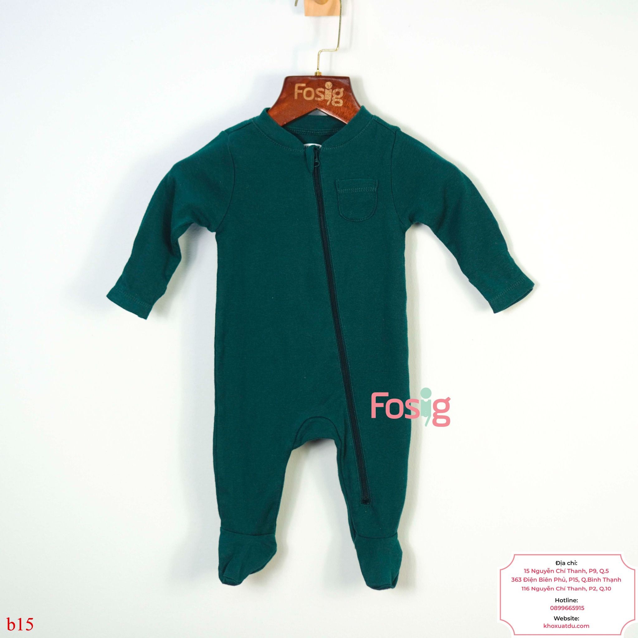  [0-3M ; 6-9M] Sleepsuit Khóa Kéo Có Vớ Bé Trai - Xanh Lá Trơn 