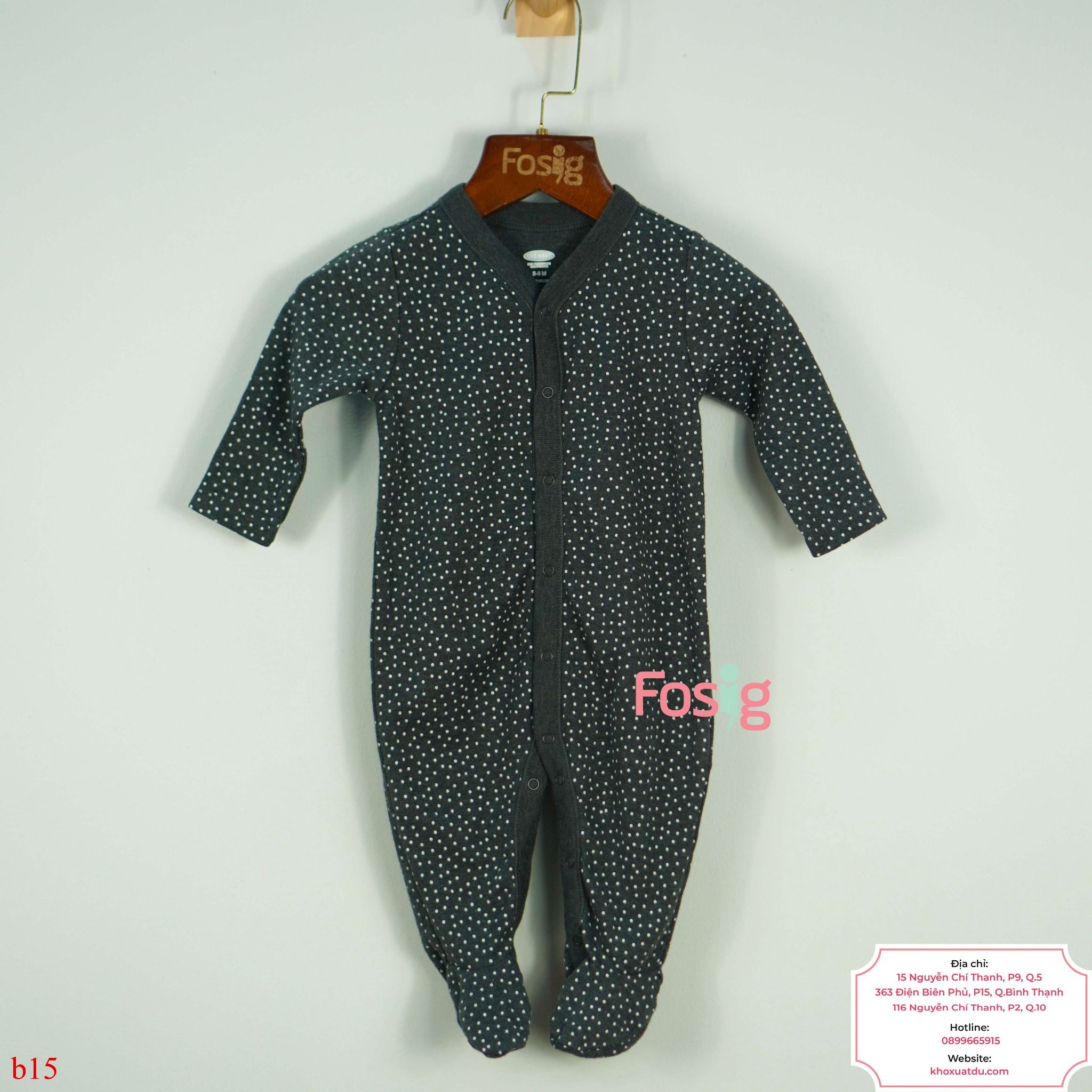  [0-9M] Sleepsuit Cúc Bấm Có Vớ Bé Gái ON - Xám Đen Chấm Trắng 