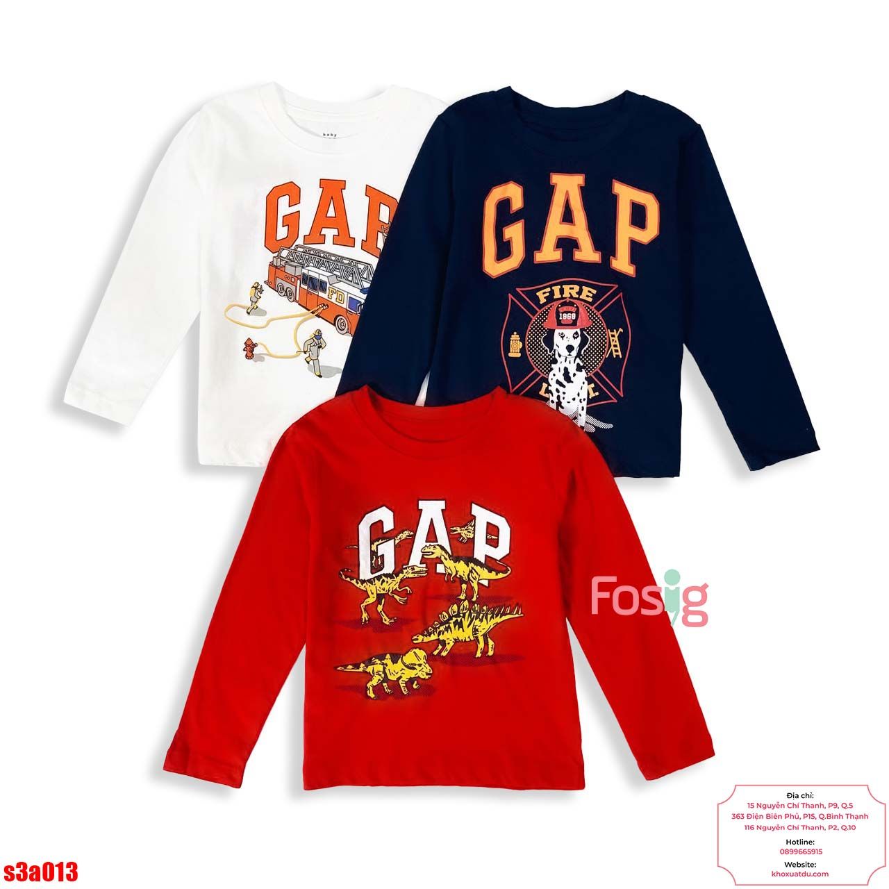  [9-11kg, 12-13kg, 13-14kg, 18-21kg] Set 3 Áo Thun Tay Dài GP Bé Trai - Combo màu ngẫu nhiên 
