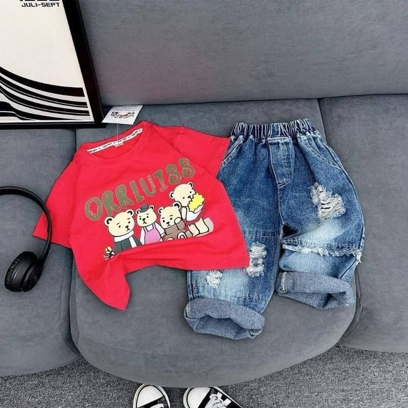  [8-10kg; 13-16kg; 22-32kg] Set Đồ Bộ Áo Thun Quần Jean Bé Unisex - Đỏ Gấu 