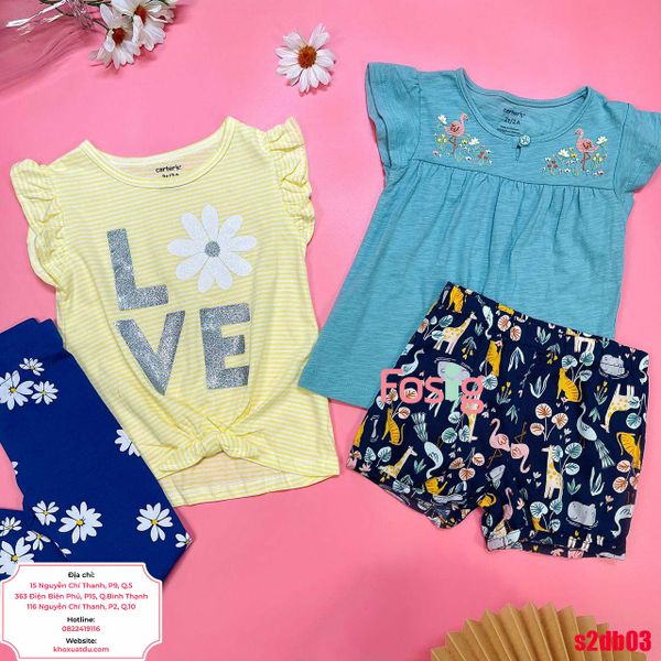  [6-28kg] Set 2 Đồ Bộ Thun Cotton Cter Áo Quần Ngắn, Áo Cộc Quần Dài Bé Gái Mix Ngẫu Nhiên 