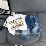  [13-32kg] Set Đồ Bộ Áo Thun Quần Jean Bé Unisex - Trắng Gấu 