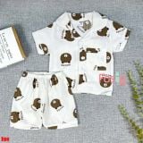  [6-13kg] Set Đồ Bộ Ngủ Ngắn Pijama Vải Xô Cho Bé - Trắng Gấu Nâu 