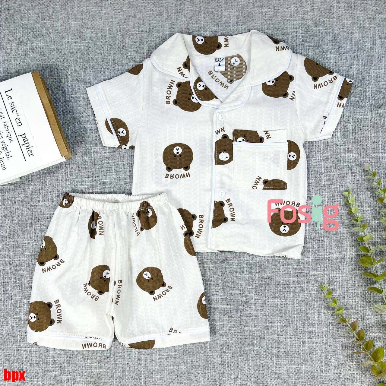  [6-13kg] Set Đồ Bộ Ngủ Ngắn Pijama Vải Xô Cho Bé - Trắng Gấu Nâu 