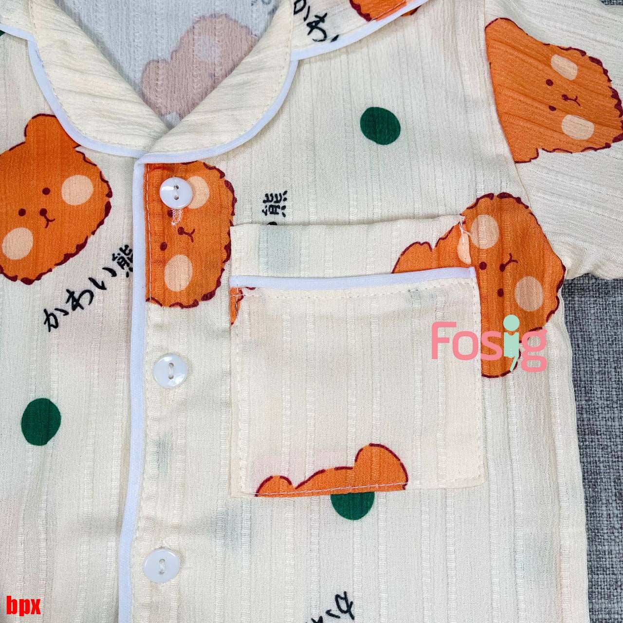  [6-12kg] Set Đồ Bộ Ngủ Ngắn Pijama Vải Xô Cho Bé - Kem Gấu Cam 