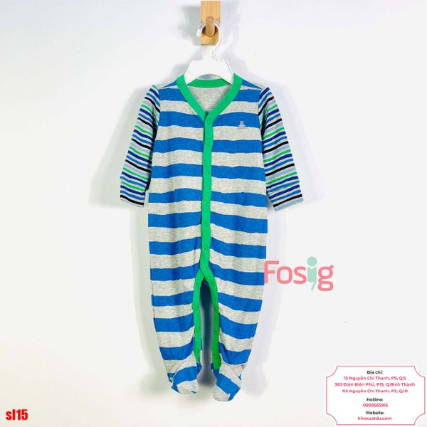  [3-6M] Sleepsuit Cúc Bấm Có Vớ Bé Trai GP - Xám Sọc Xanh Dương 