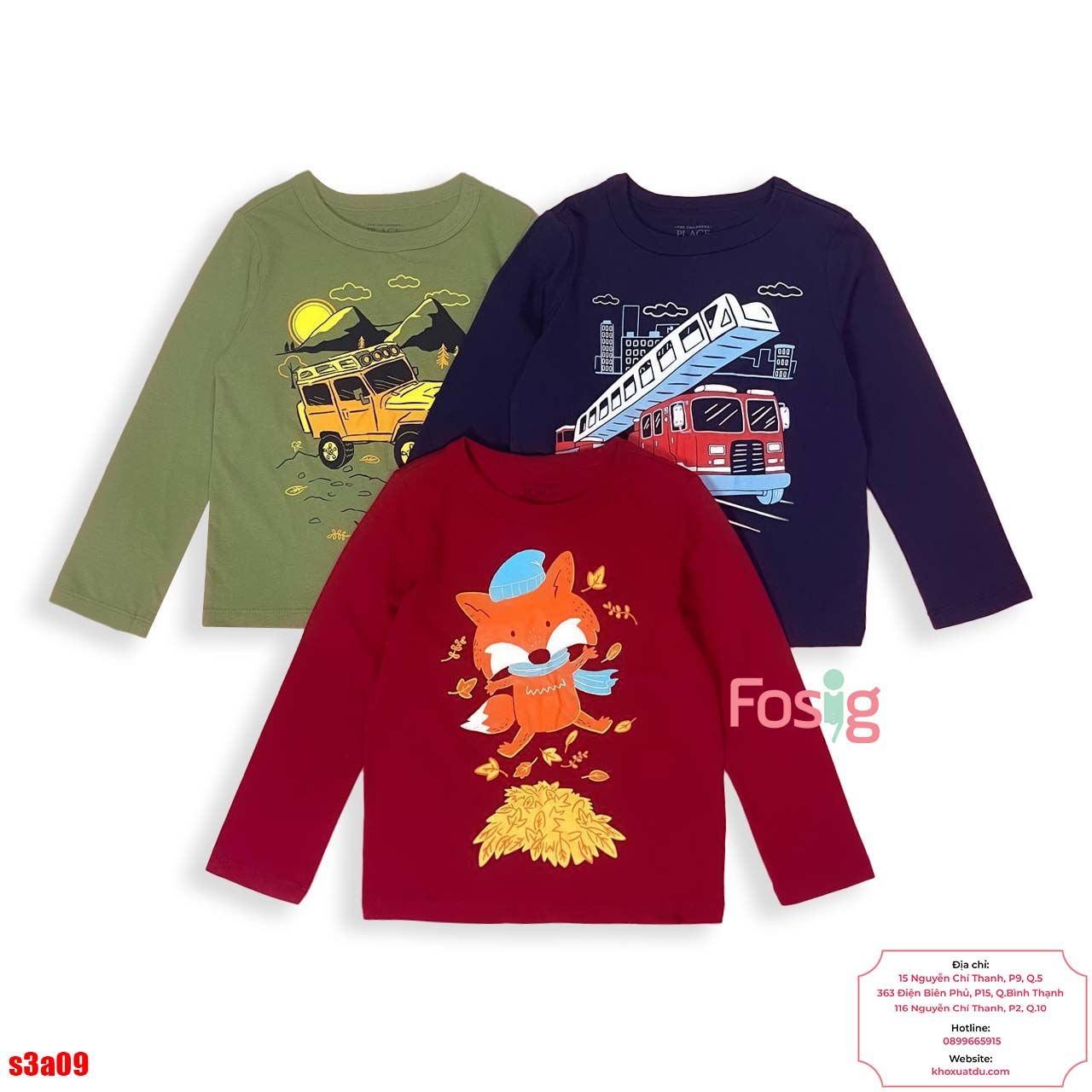  [10-15kg 24-58kg] Set 3 Áo Thun Tay Dài PL Bé Trai - Combo màu ngẫu nhiên 