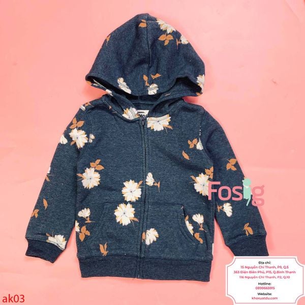  [8-14kg; 27-29kg] Áo Khoác Nỉ Bé Gái Oskos - Navy Hoa Trắng 