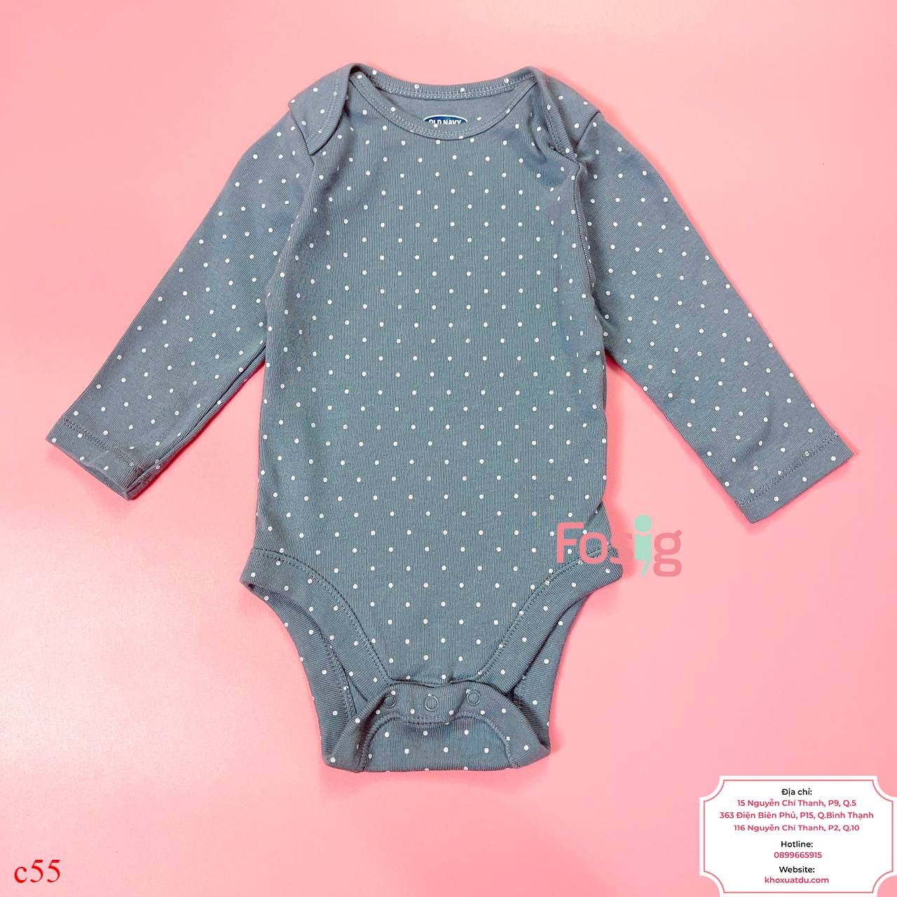  [3-6M ; 12-18M] Bodysuit Tay Dài Bé Gái ON - Xám Đậm Chấm Trắng 