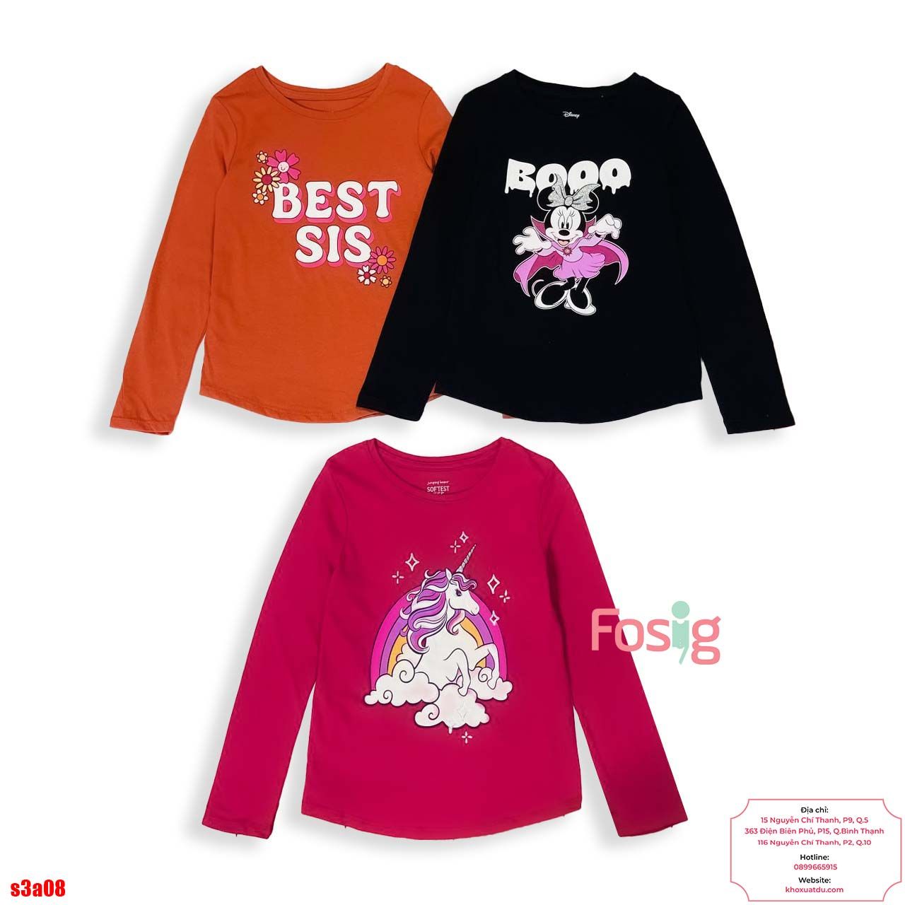  [8-44kg] Set 3 Áo Thun Tay Dài JB Bé Gái - Set màu ngẫu nhiên 