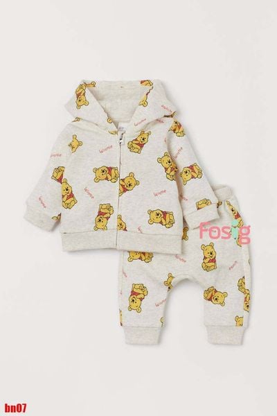  [2-4m] Set Đồ Bộ Dài Nỉ Bé Trai - Xám Gấu Pooh 