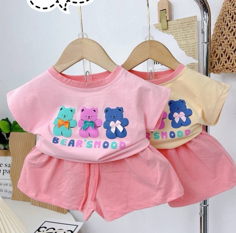  [7-17kg] Set Đồ Bộ Gấu Ngắn Bé Gái - Vàng Gấu 