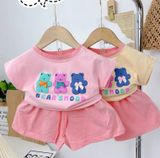  [7-17kg] Set Đồ Bộ Gấu Ngắn Bé Gái - Hồng Gấu 