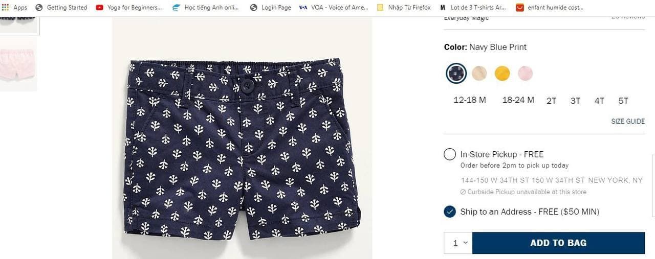  [13-14kg] Quần Short Kaki Bé Gái ON - Navy Lá Trắng 