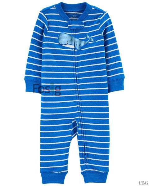  [5-9kg] Sleepsuit Khóa Kéo Không Vớ Bé Trai Cter - Sọc Xanh Cá 