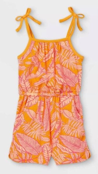  [13-19kg] Romper Jumpsuit Đùi Bé Gái CJ - Hoa Lá Hồng Cam 