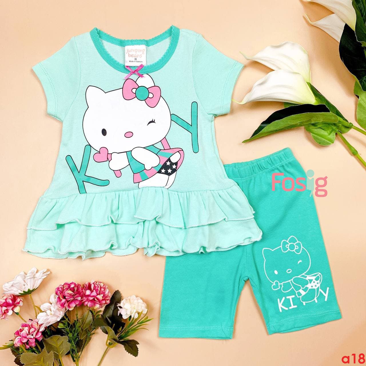  [12-13kg] Set Đồ Bộ Ngắn Bé Gái JB - Xanh Ngọc Kitty 