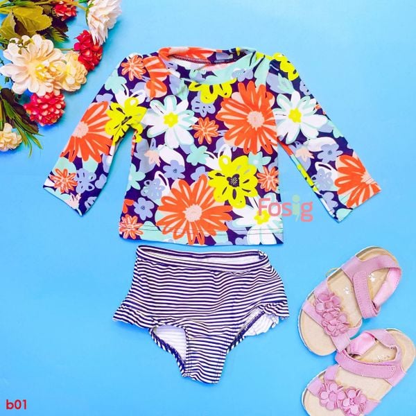  [3-6kg] Đồ Bơi 2 Mảnh Bé Gái Cter - QSD Navy Hoa Màu 