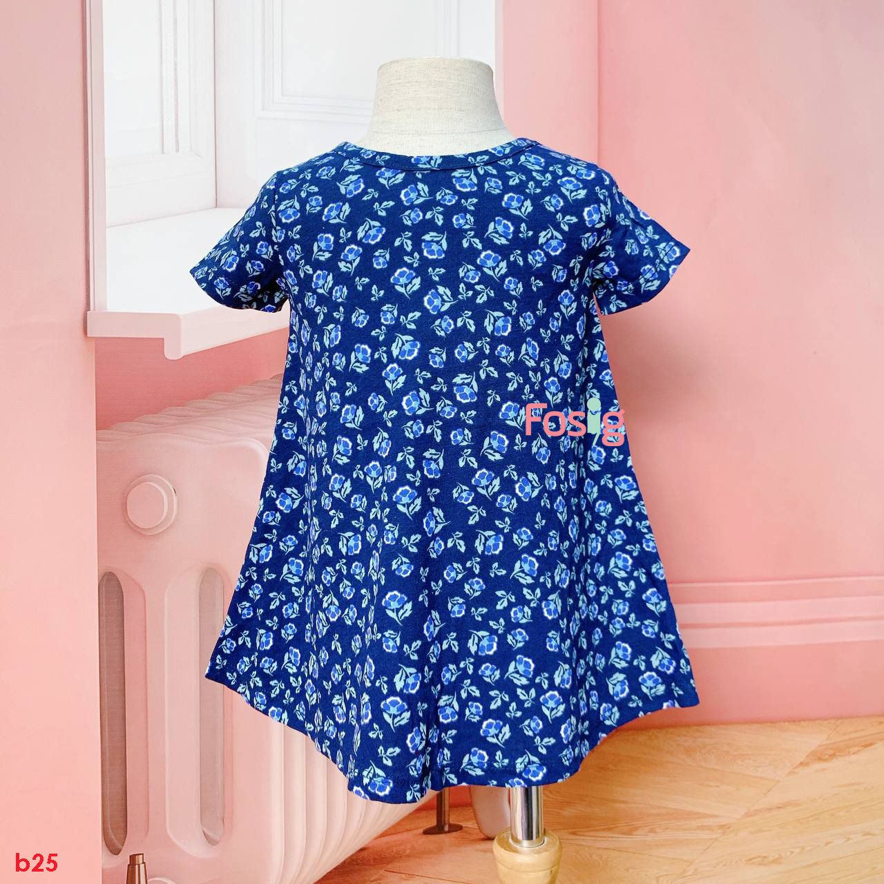  [14-15kg] Đầm Cotton Tay Ngắn Bé Gái ON - Navy Hoa Xanh 