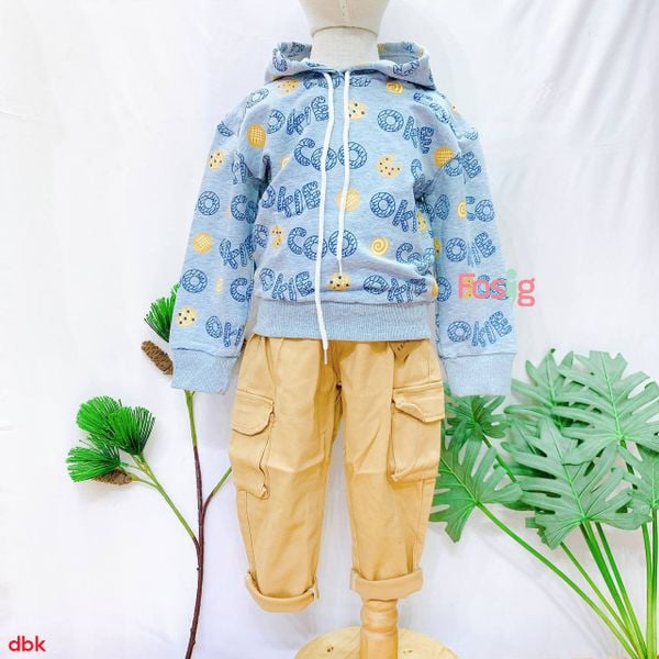  [19-20kg] Set Bộ Dài Áo Hoodie Bé Trai - Xám Bánh 