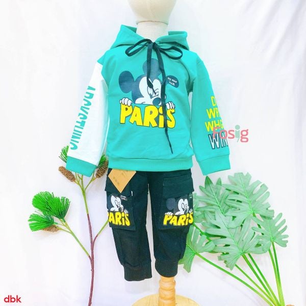  [13-14kg] Set Bộ Dài Áo Hoodie Bé Trai - Xanh Lá Paris 