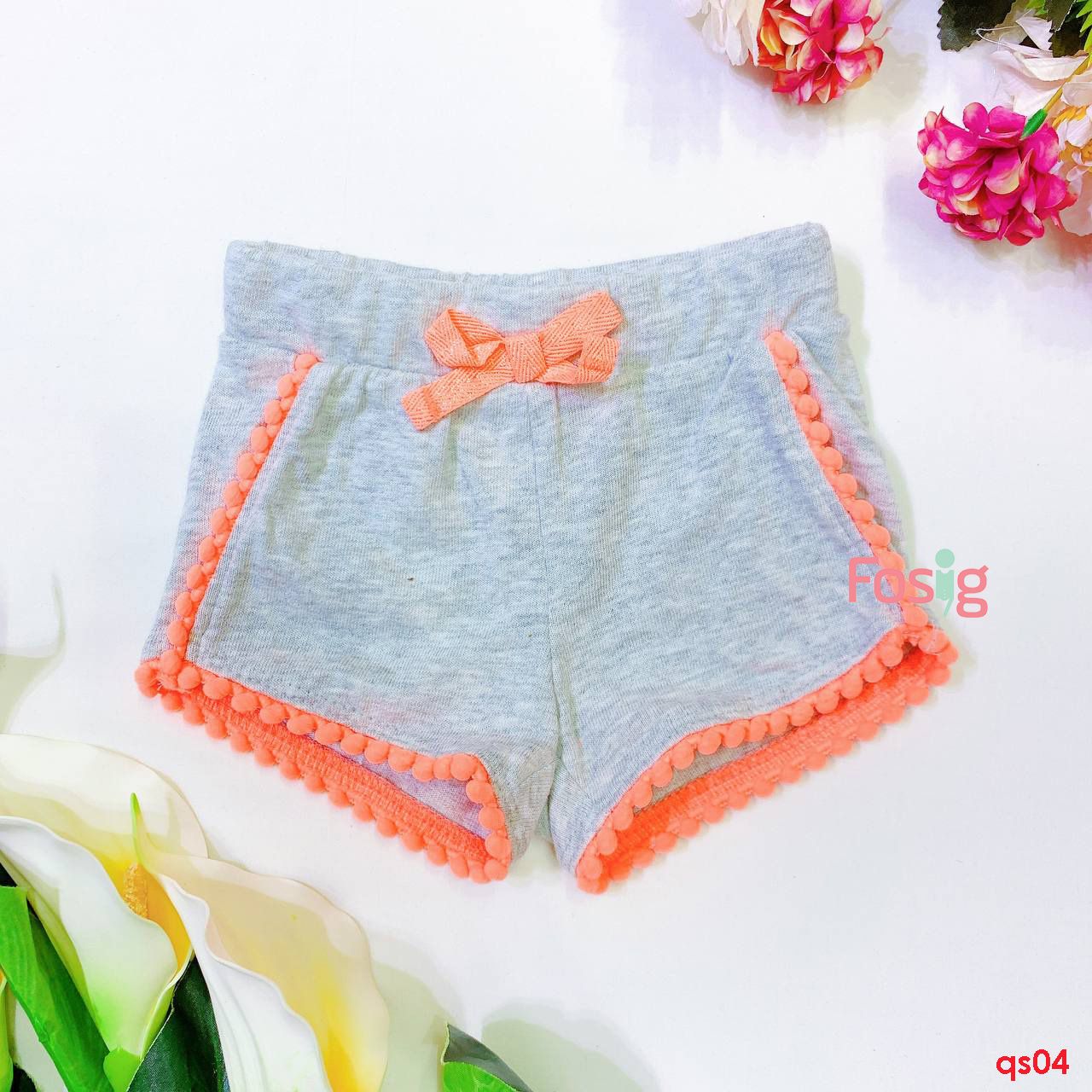  [0-3m; 12-18m] Quần Short Bé Gái JB - Xám Bông Cam 