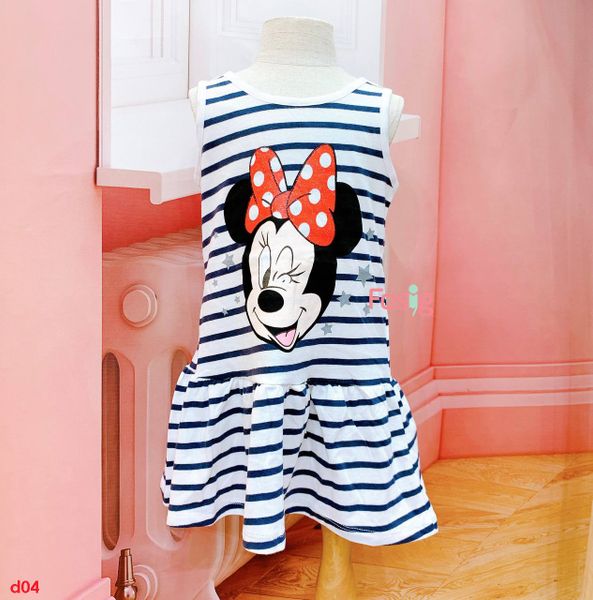  [11-12kg ; 22-25kg] Đầm Cotton Sát Nách Bé Gái HM - Sọc Đen Mickey 