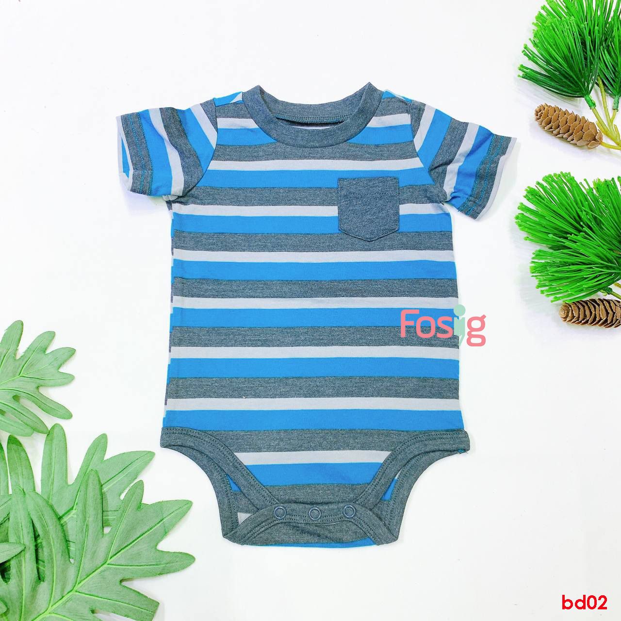  [0-6m] Bodysuit Tay Ngắn Bé Trai OD - Sọc Xanh Dương Xám 