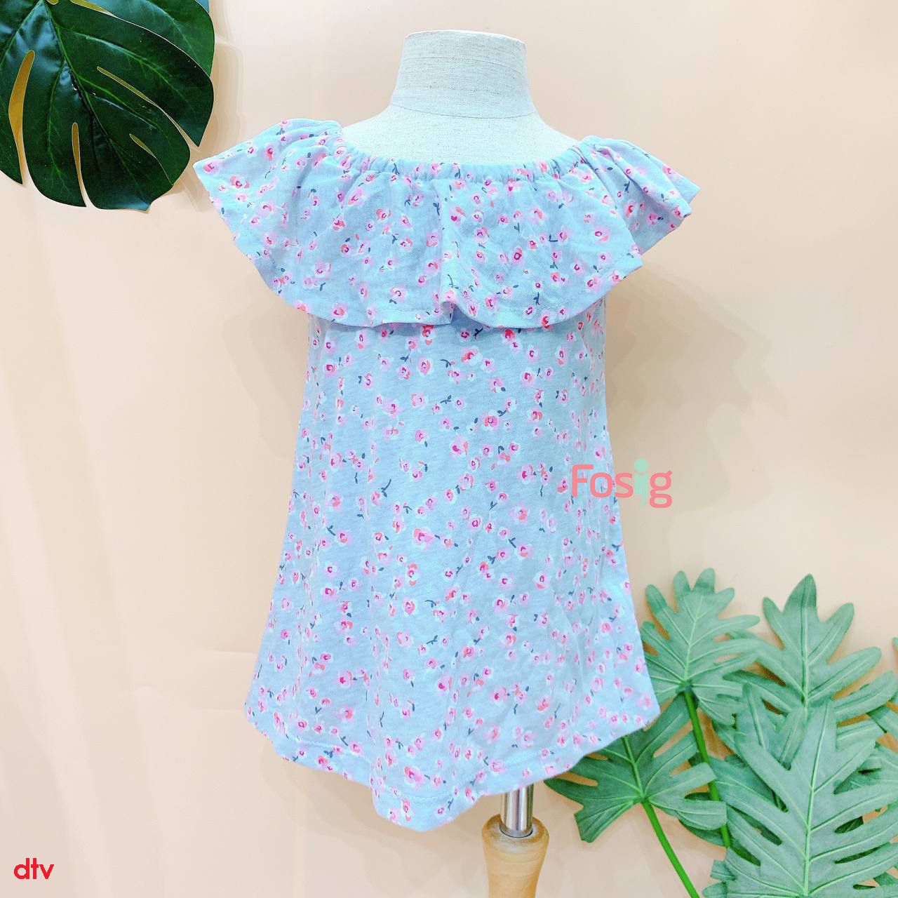  [14-17kg] Đầm Cotton Trễ Vai Bé Gái GB - Xám Hoa Hồng 