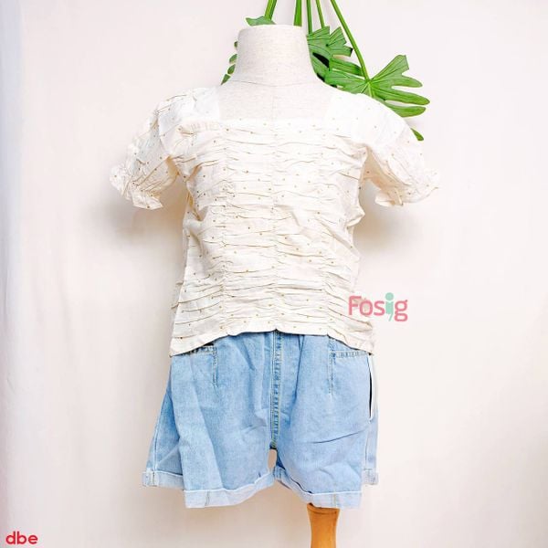  [17-18kg] Set Đồ Bộ Ngắn Bé Gái - Kem Chấm Vàng 
