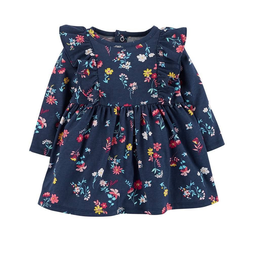  [3m-6m] Đầm Cotton Tay Dài Bé Gái Cter - Navy Hoa Đỏ Vàng 