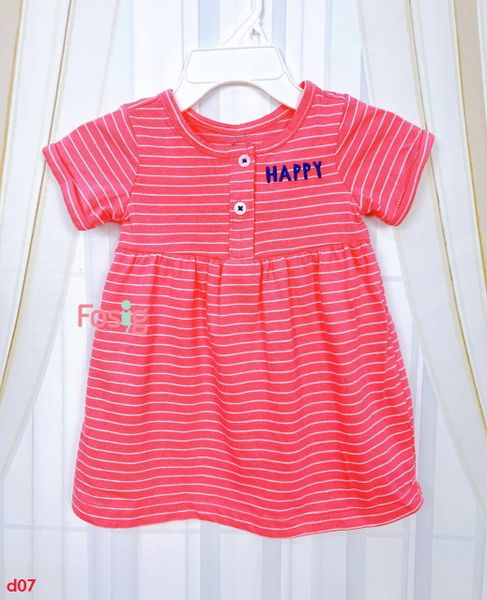  [3-6m] ĐầmThun Cotton Tay Ngắn Bé Gái Cter - Sọc Hồng Happy 