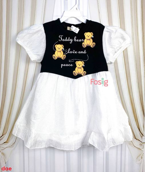  [21-30kg] Đầm Tay Ngắn Cho Bé Gái - Đen Teddy Bear 