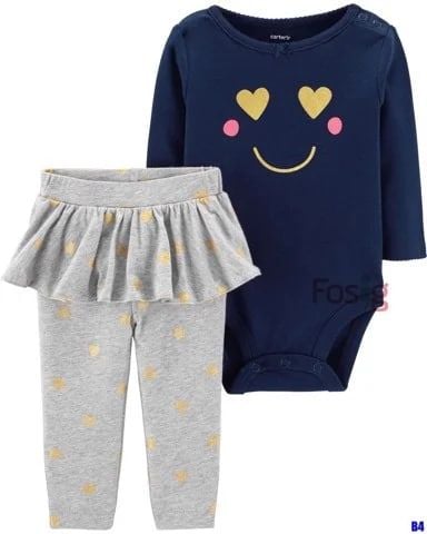  [0-3m] Set Bodysuit Và Quần Bé Gái Cter - Navy Mặt Cười 