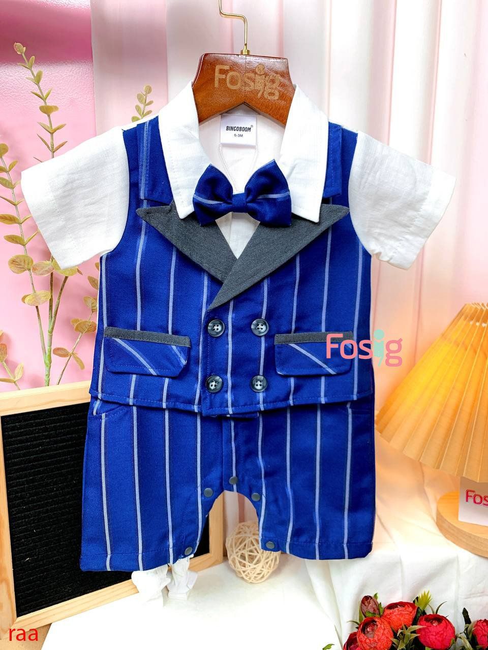  [5-9kg] Set Giả Vest Công Tử Bé Trai - Xanh Dương Sọc 