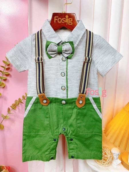  [5-9kg] Set Giả Vest Công Tử Bé Trai - Xám Sọc Xanh Lá 