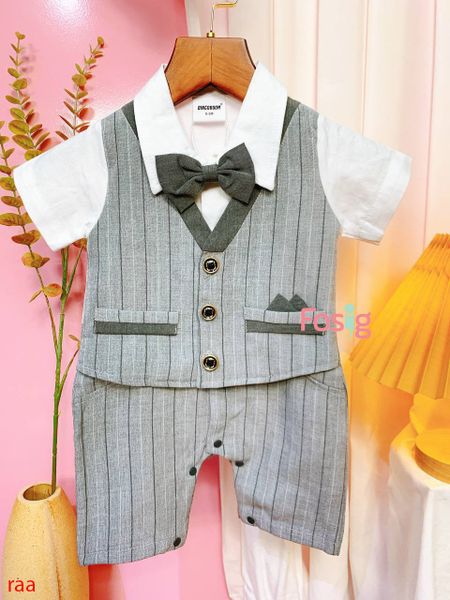  [5-8kg] Set Giả Vest Công Tử Bé Trai - Xám Đậm Sọc 