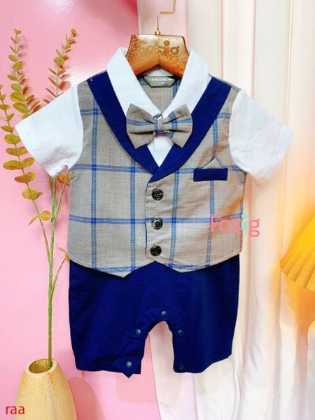  [7-9kg] Set Giả Vest Công Tử Bé Trai - Caro Xám Navy 