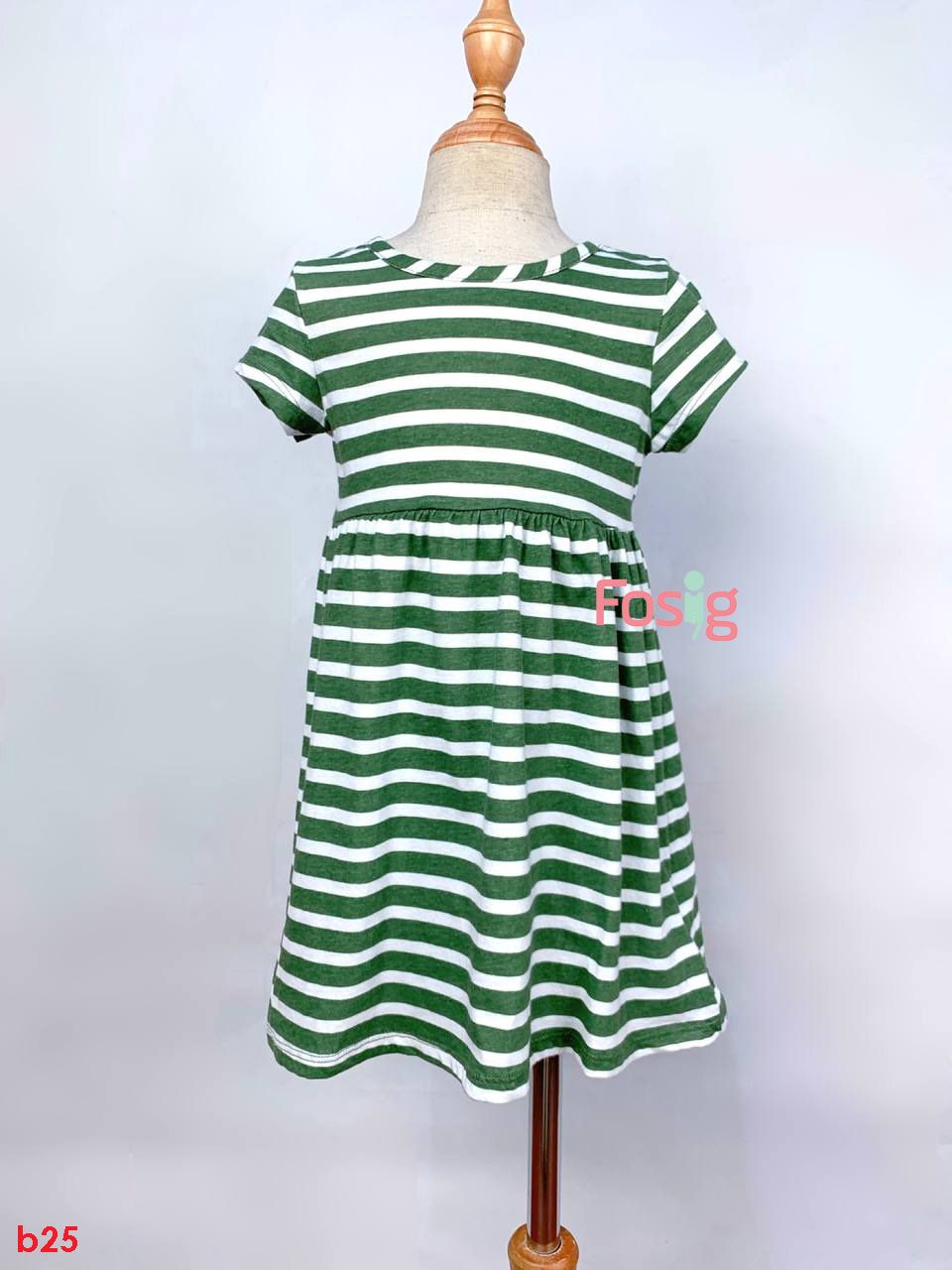  [9-10kg] Đầm Cotton Tay Ngắn Bé Gái ON - Sọc Xanh Rêu 